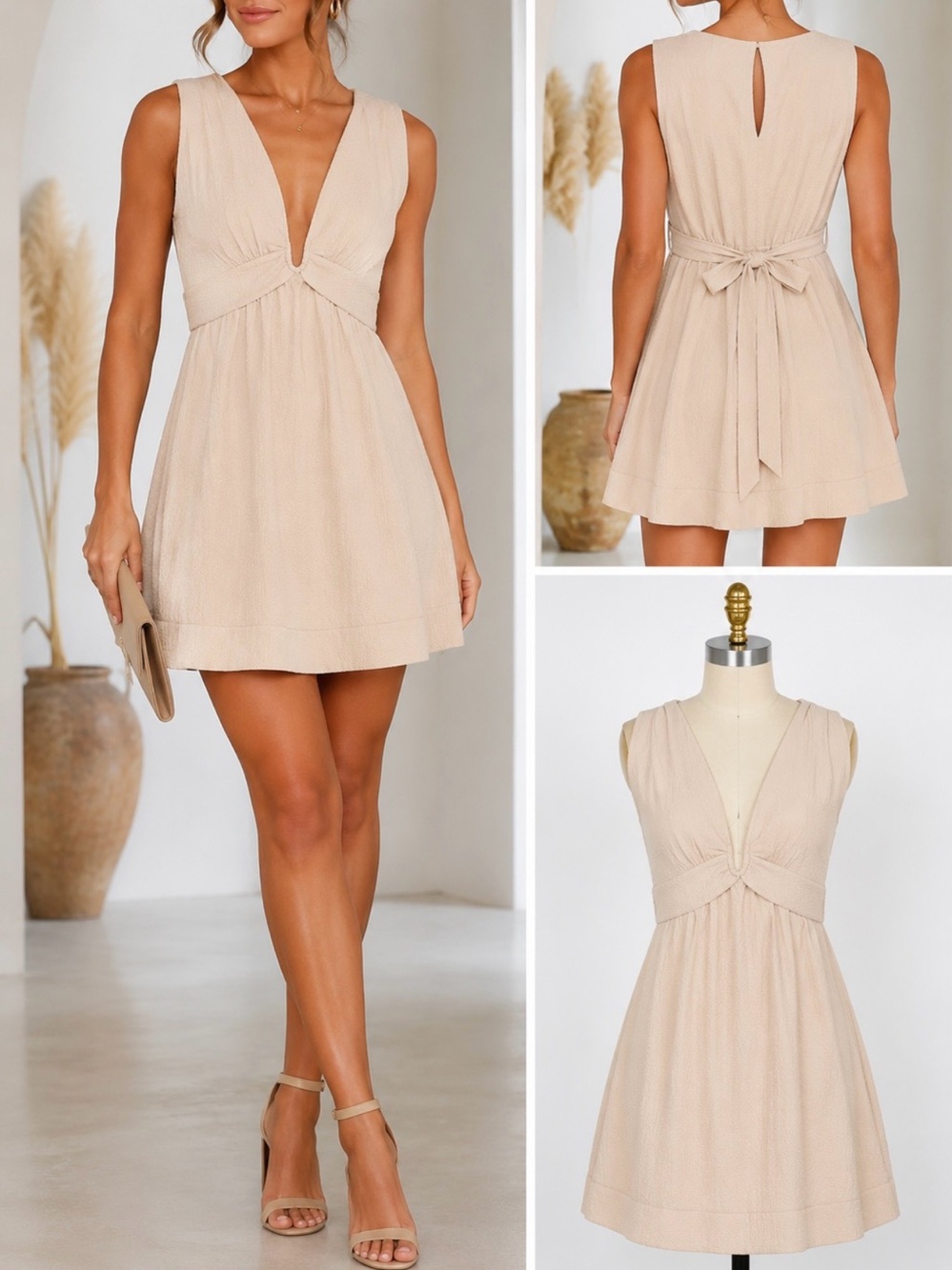 NWT Promesa Sculpted Plunge Textured Neutral Sleeveless Mini Dress Sz L 💚🍄